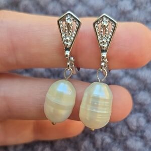 Elegant Silver Tone and Cream Dangle Earrings
